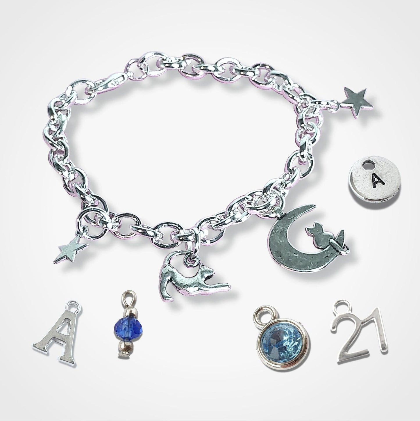 Cat Moon Stars Charm Bracelet Silver