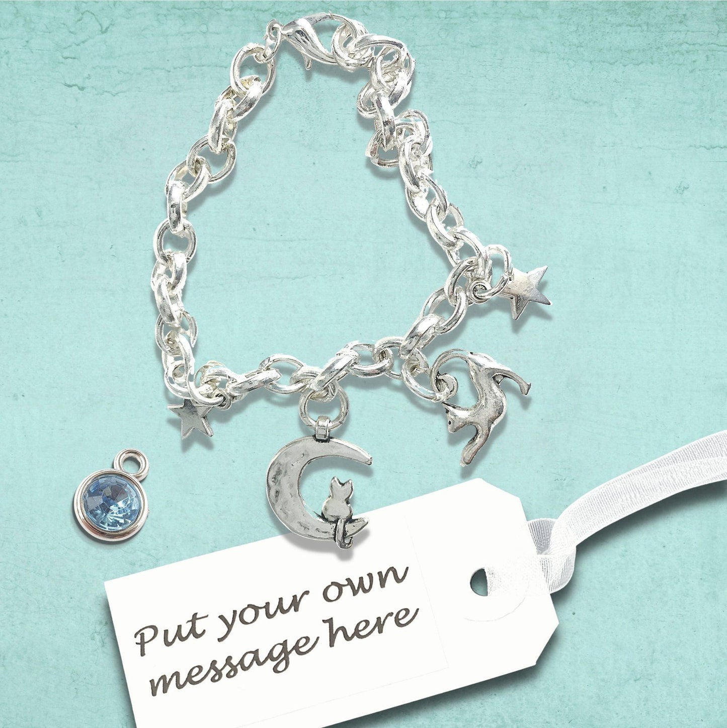 Cat Moon Stars Charm Bracelet Silver