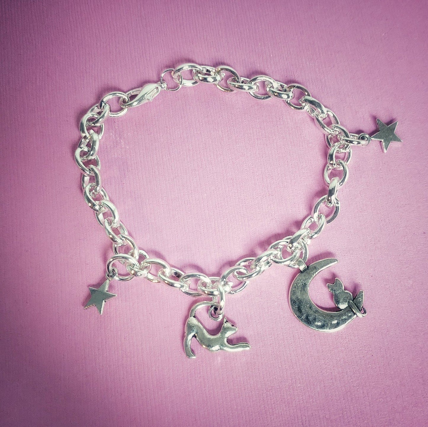 Cat Moon Stars Charm Bracelet Silver