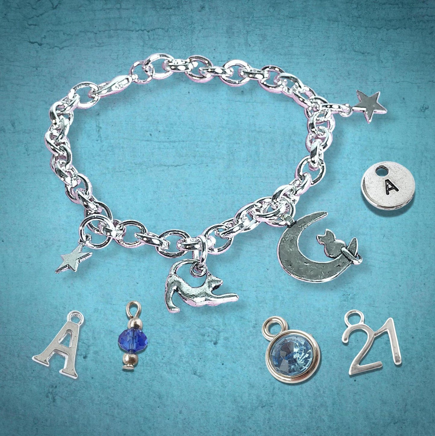 Cat Moon Stars Charm Bracelet Silver