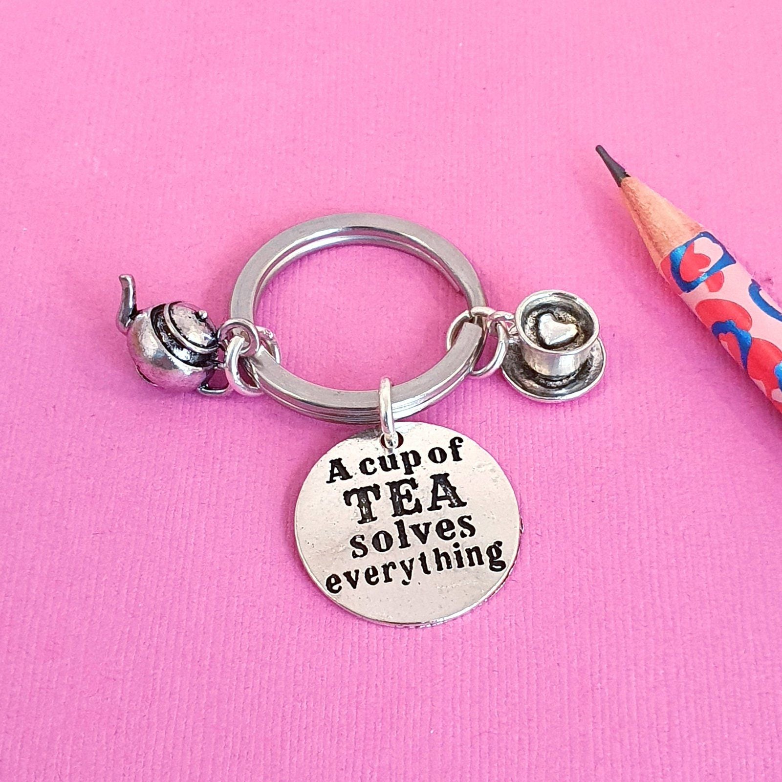 Cup Tea Solves Everything Keyring Silver