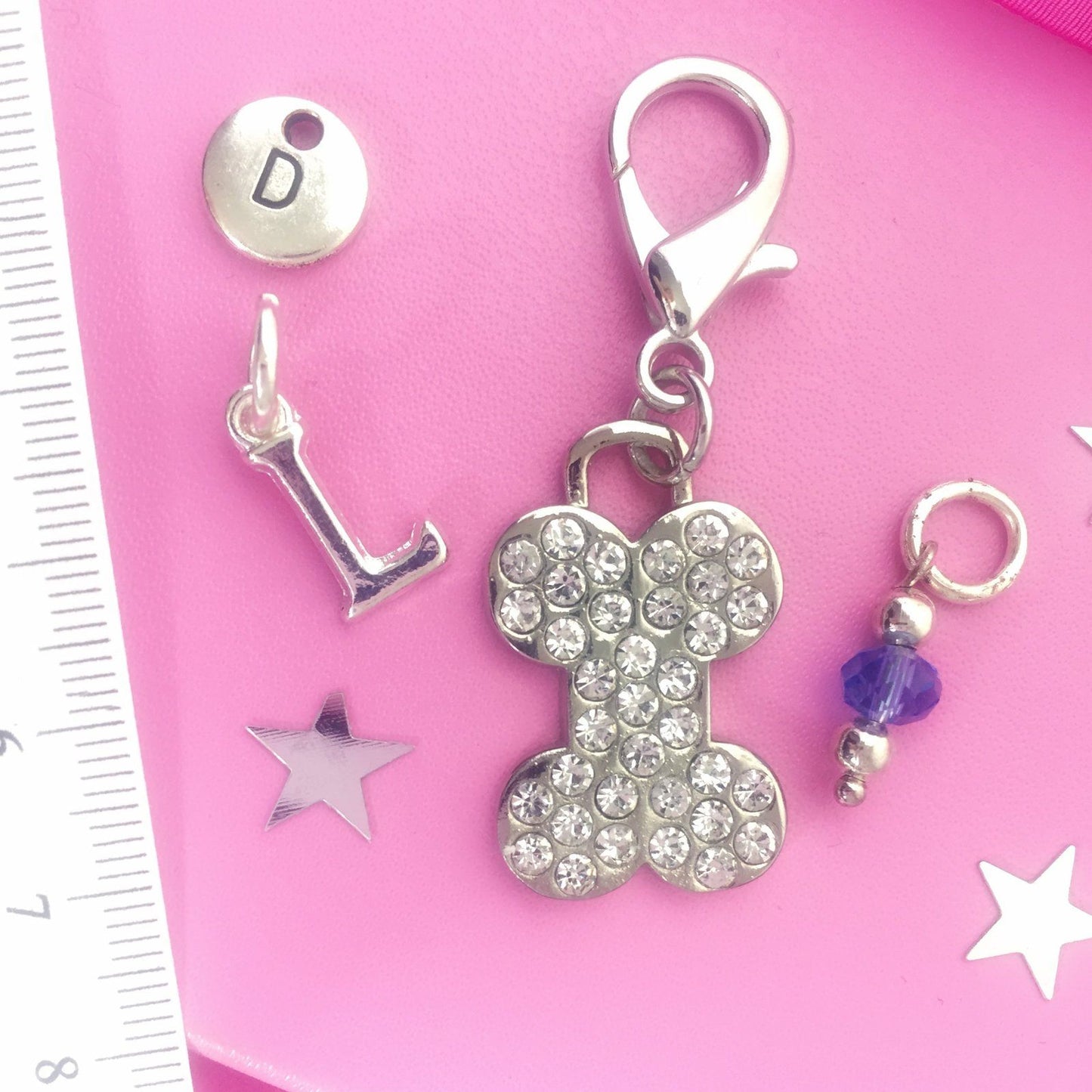 Dog Bone Pet Collar Tag Silver Rhinestone