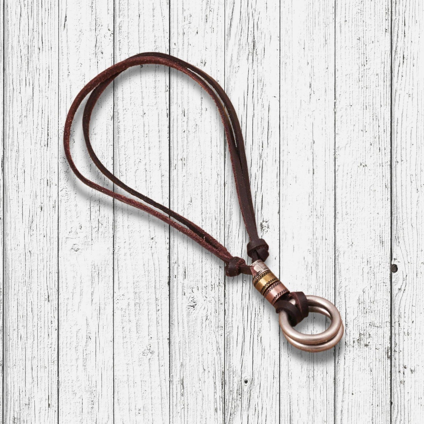 Double Ring Vintage Leather Pull Tie Men Necklace