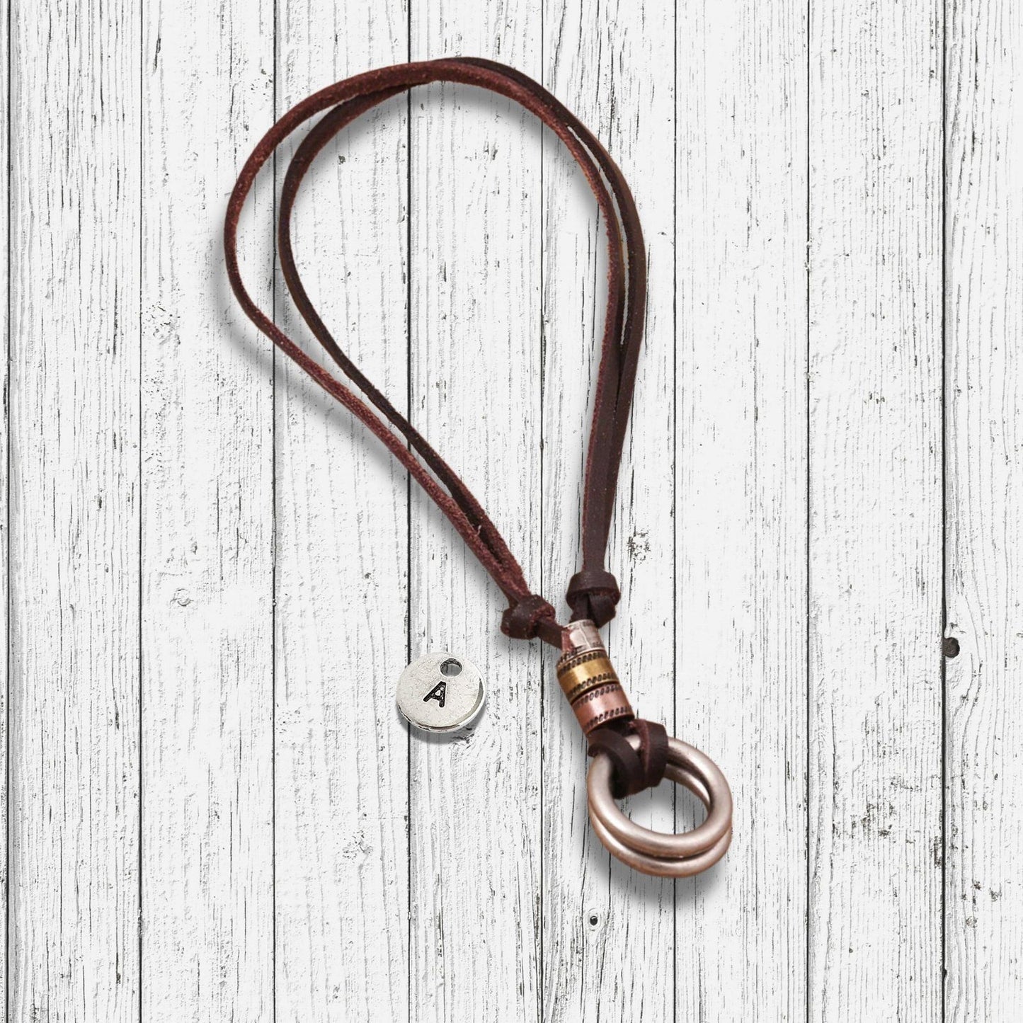 Double Ring Vintage Leather Pull Tie Men Necklace