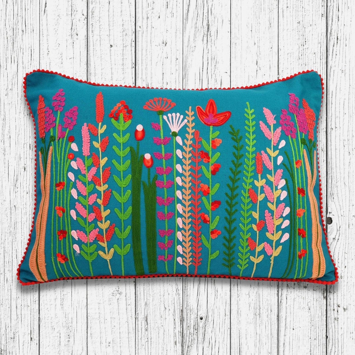 Floral embroidered Cushion Cover Teal