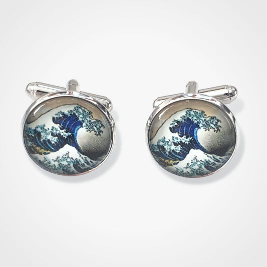 Hokusai Great Wave Kanagawa Cufflinks Silver Glass