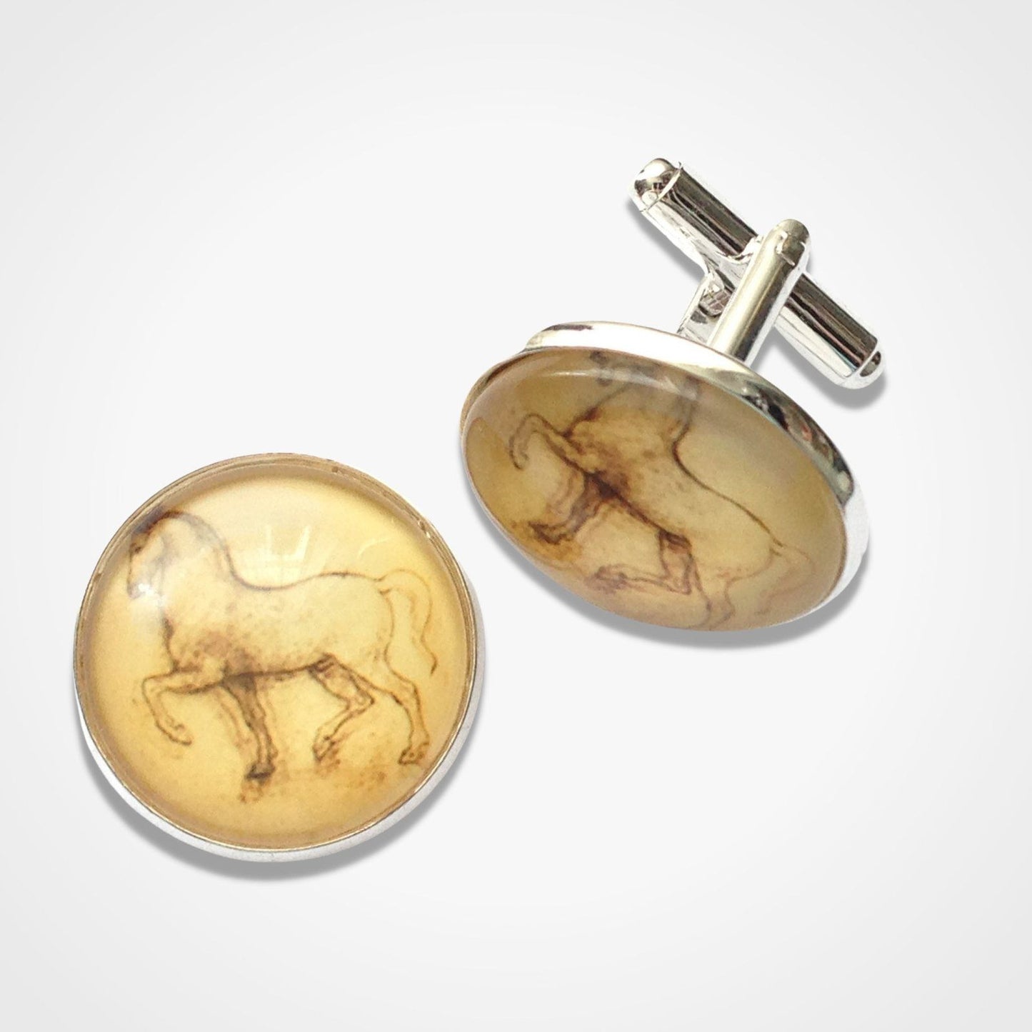 Leonardo Vinci Horse Cufflinks Silver Glass
