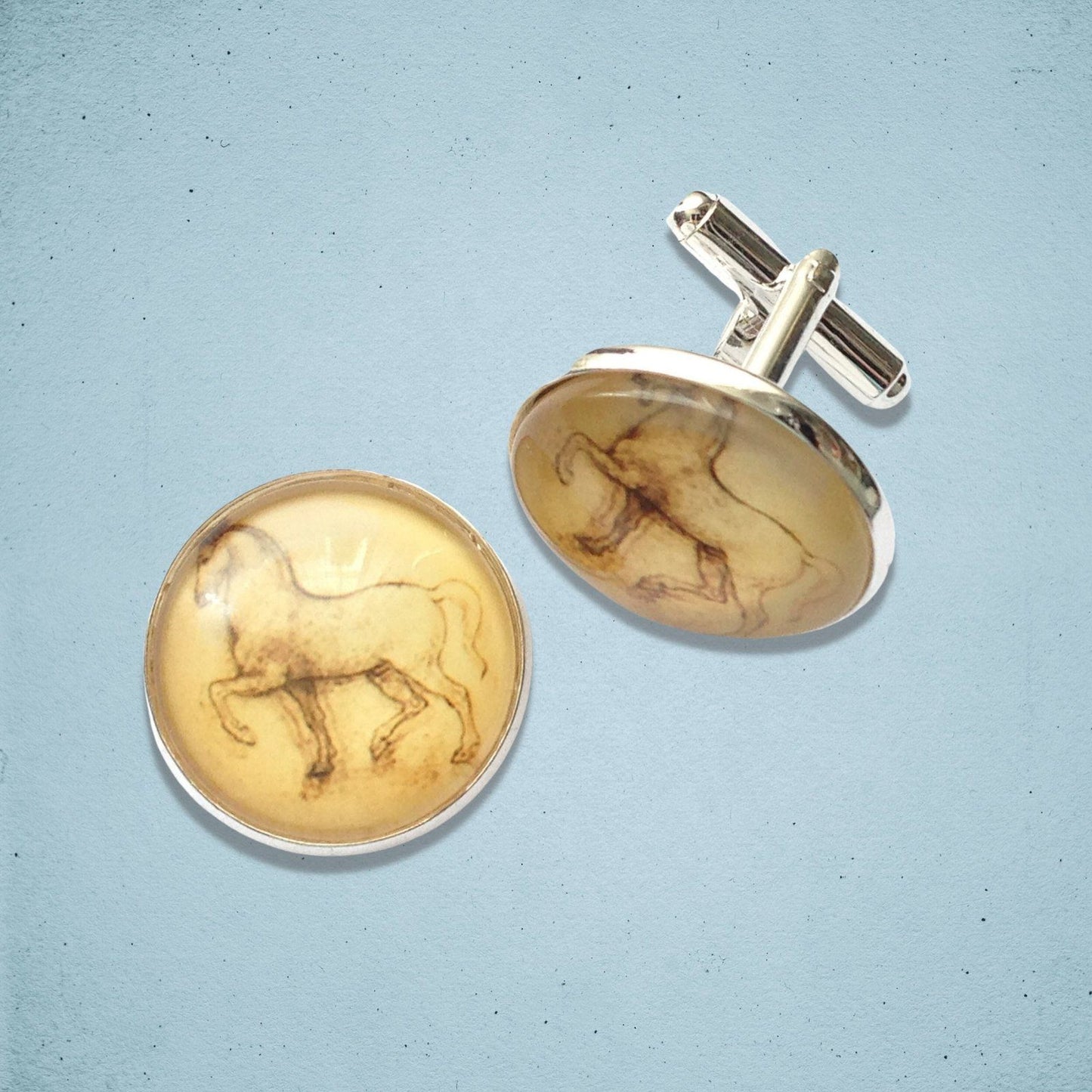 Leonardo Vinci Horse Cufflinks Silver Glass