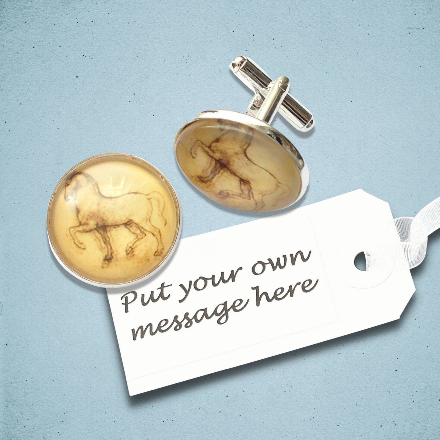 Leonardo Vinci Horse Cufflinks Silver Glass