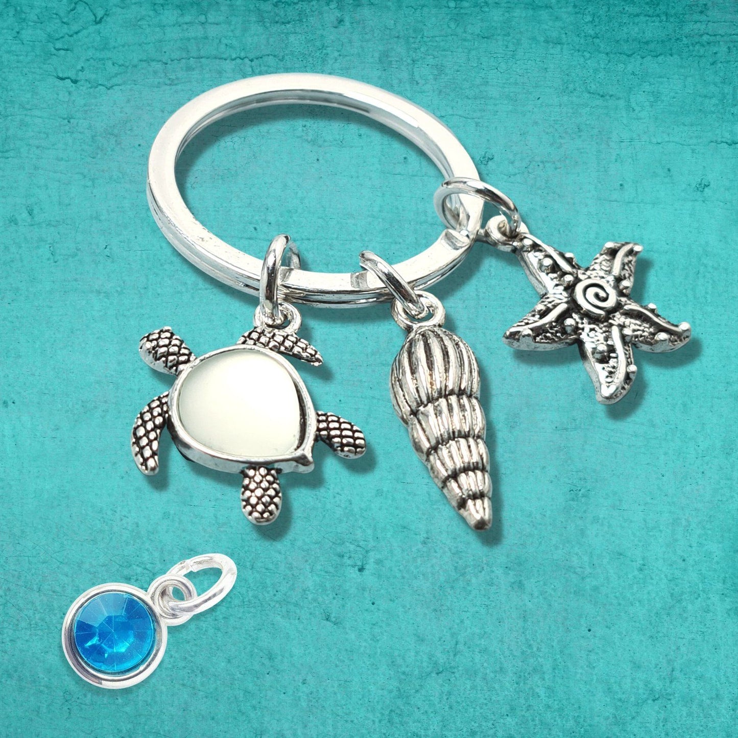 Opal Turtle Starfish Keyring Silver