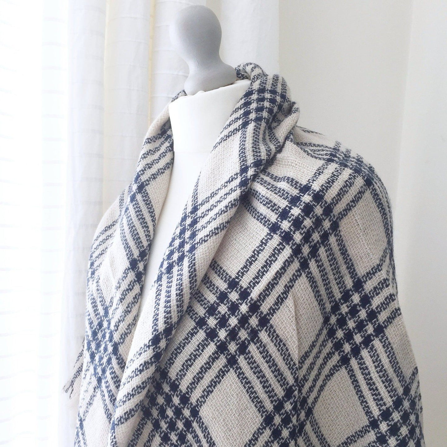 Plaid Blanket Scarf Blue Ecru