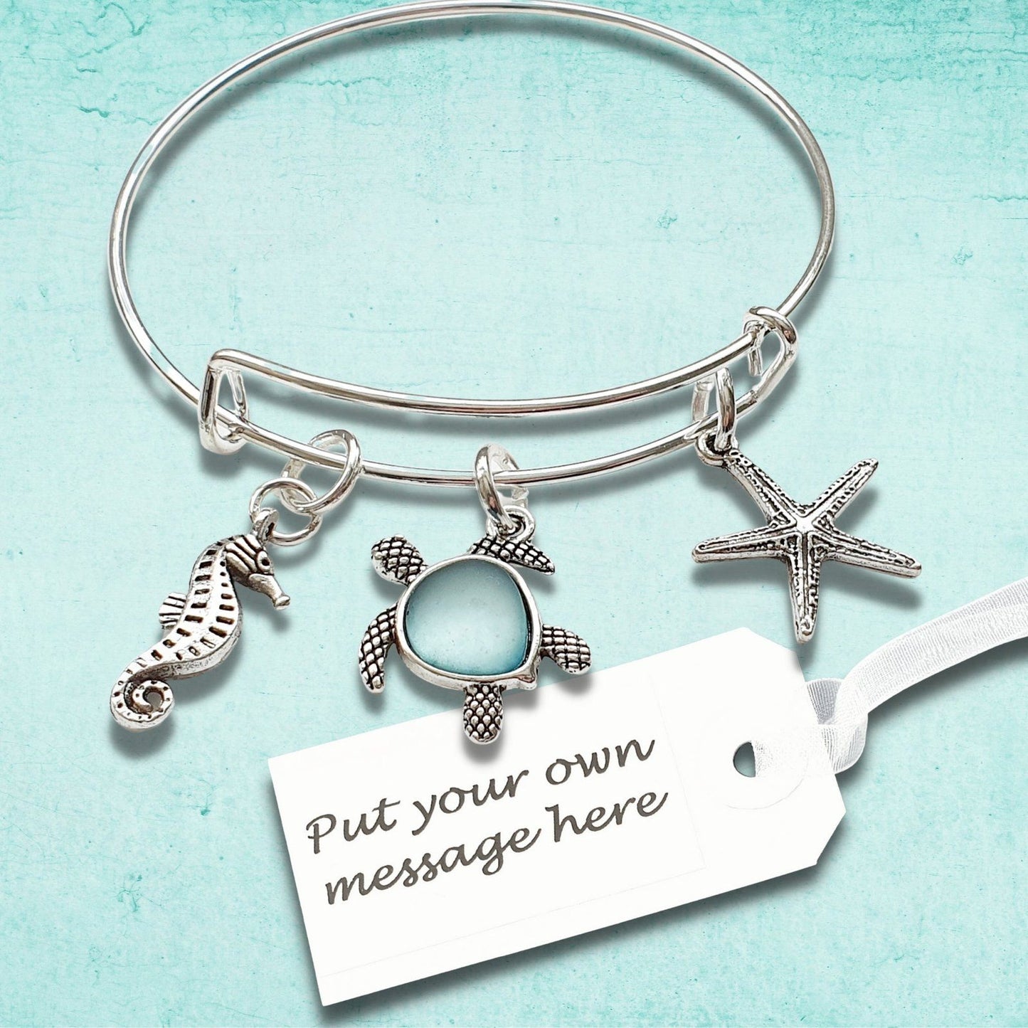 Seaglass Turtle Bangle Blue Silver