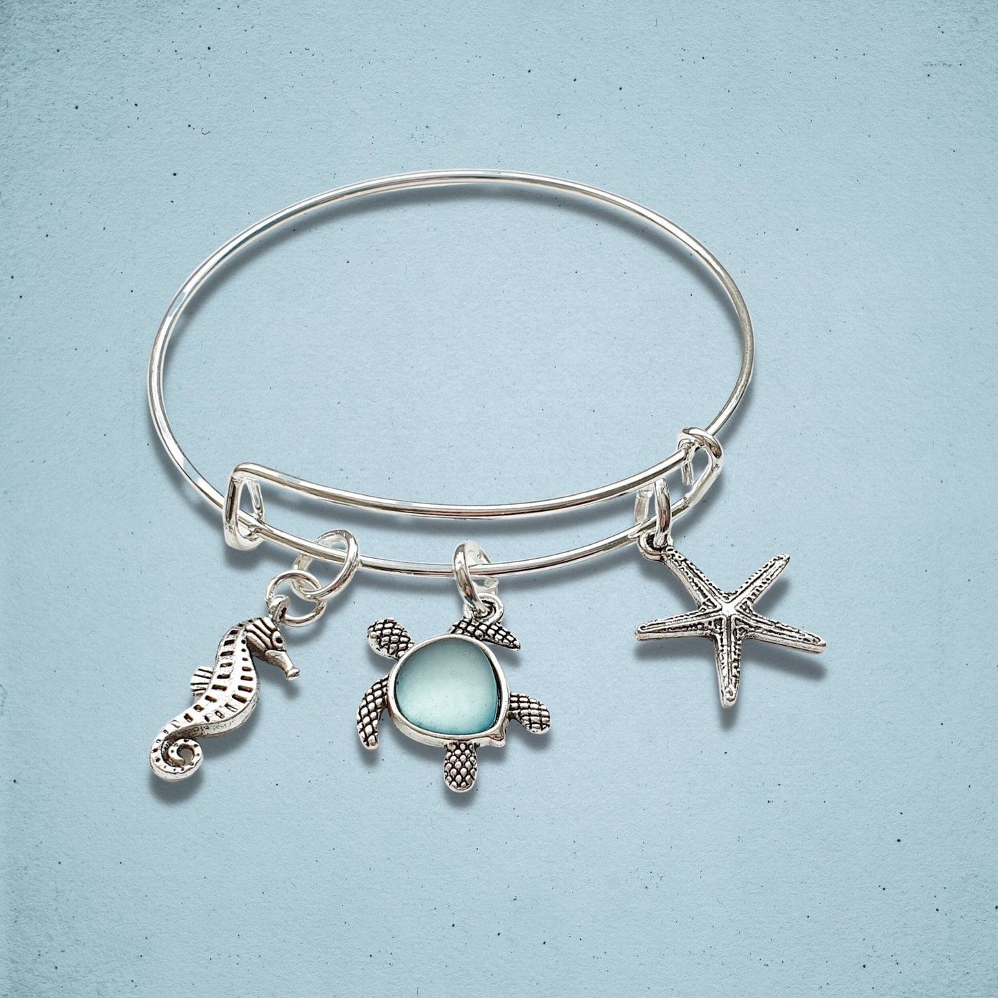 Seaglass Turtle Bangle Blue Silver