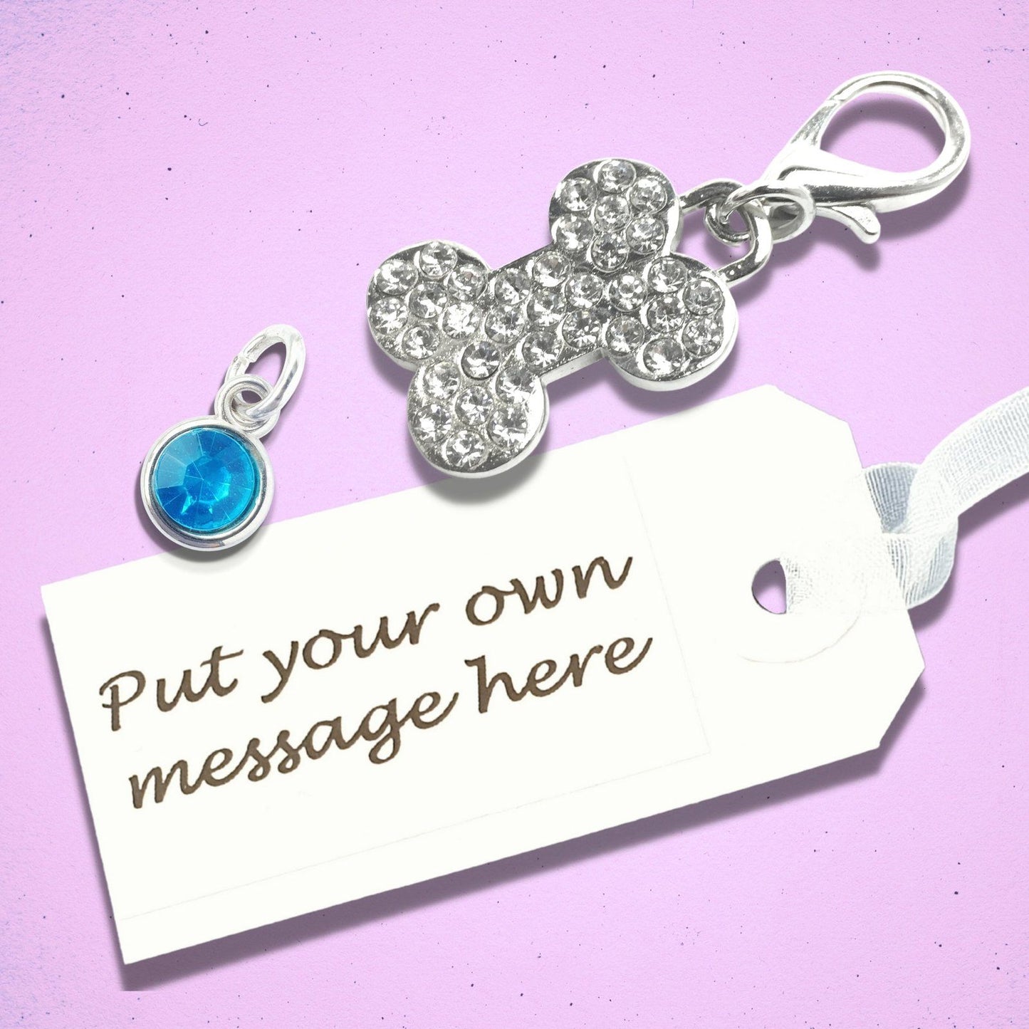 Sparkly Bone Dog Collar Tag Silver Diamante