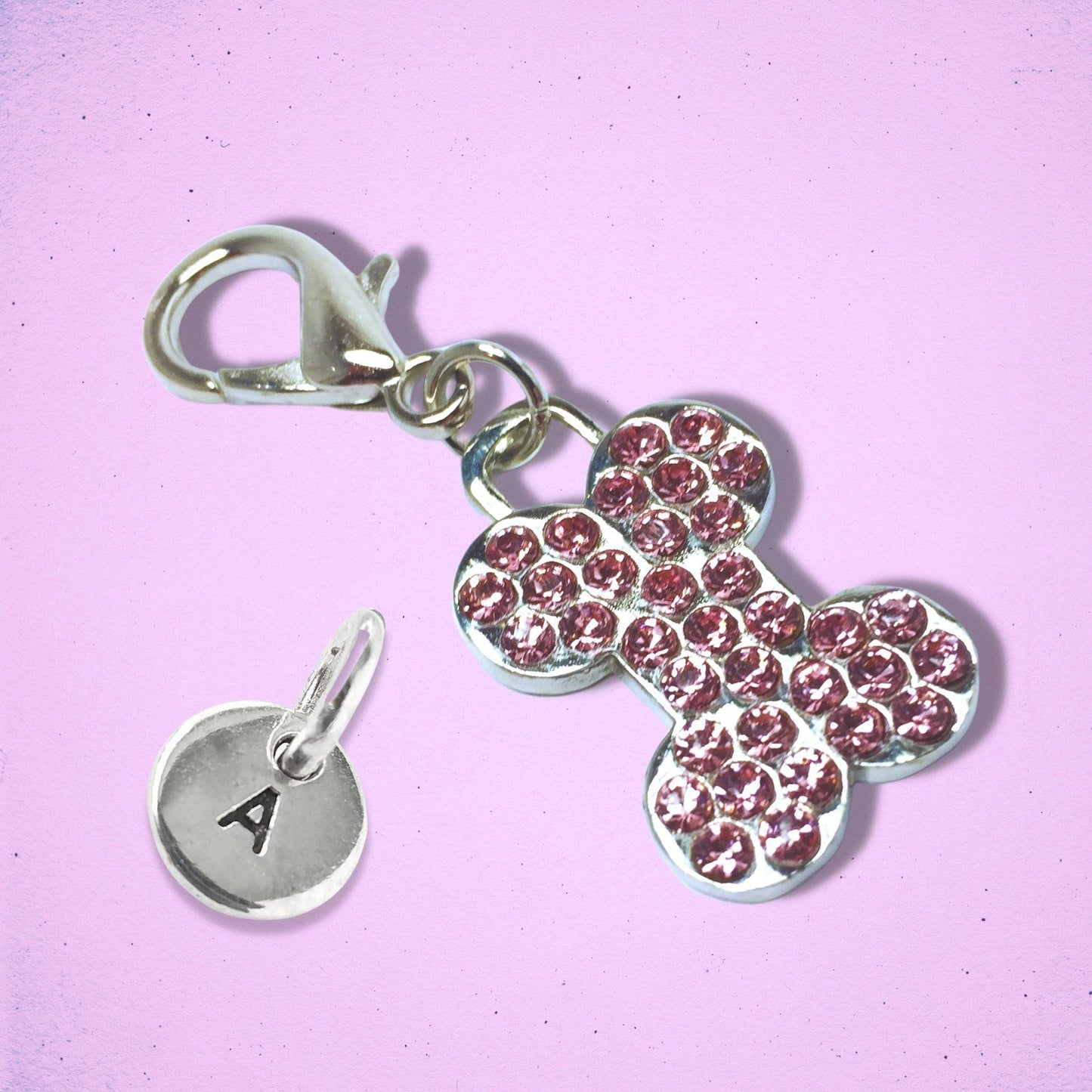 Sparkly Bone Dog Collar Tag Silver Diamante