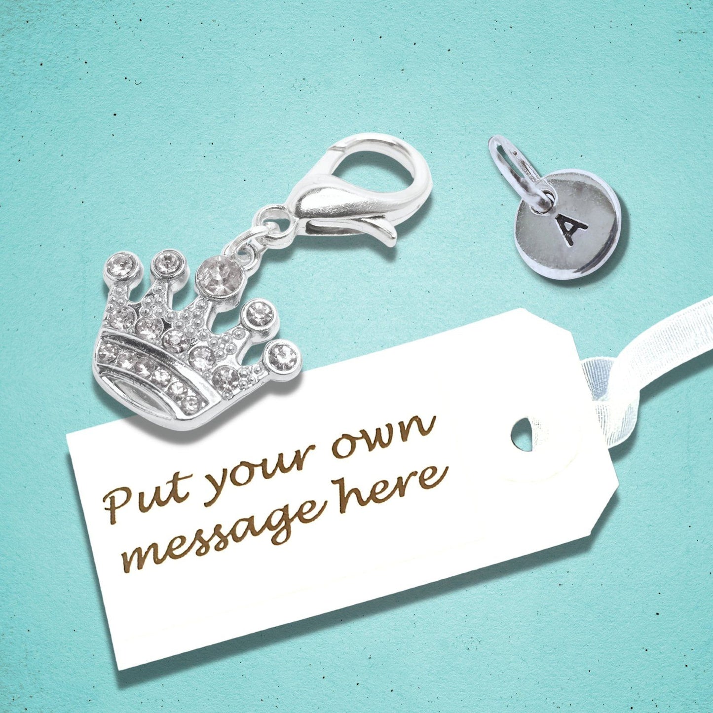 Sparkly Crown Pet Collar Tag Silver Clear Diamante