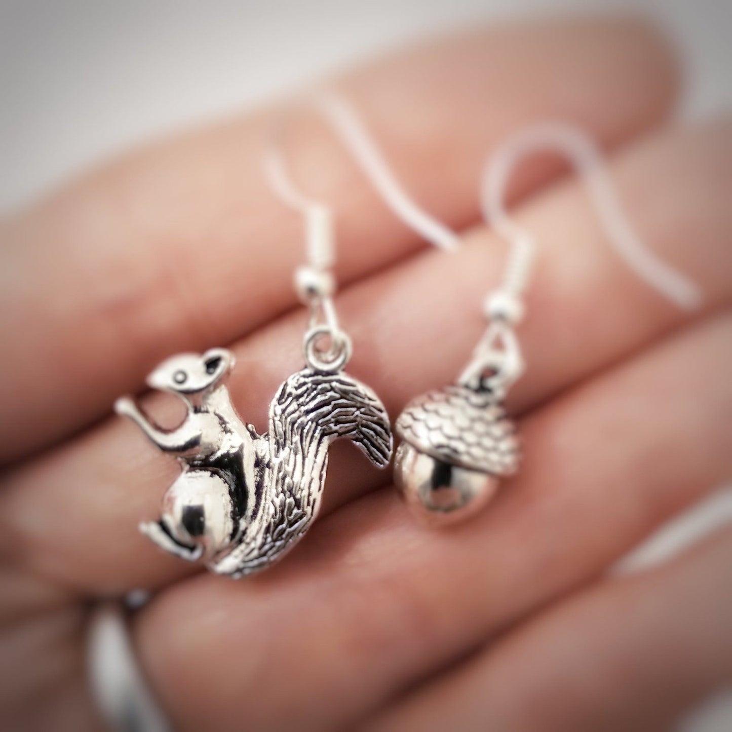 Squirrel Acorn Earrings Silver