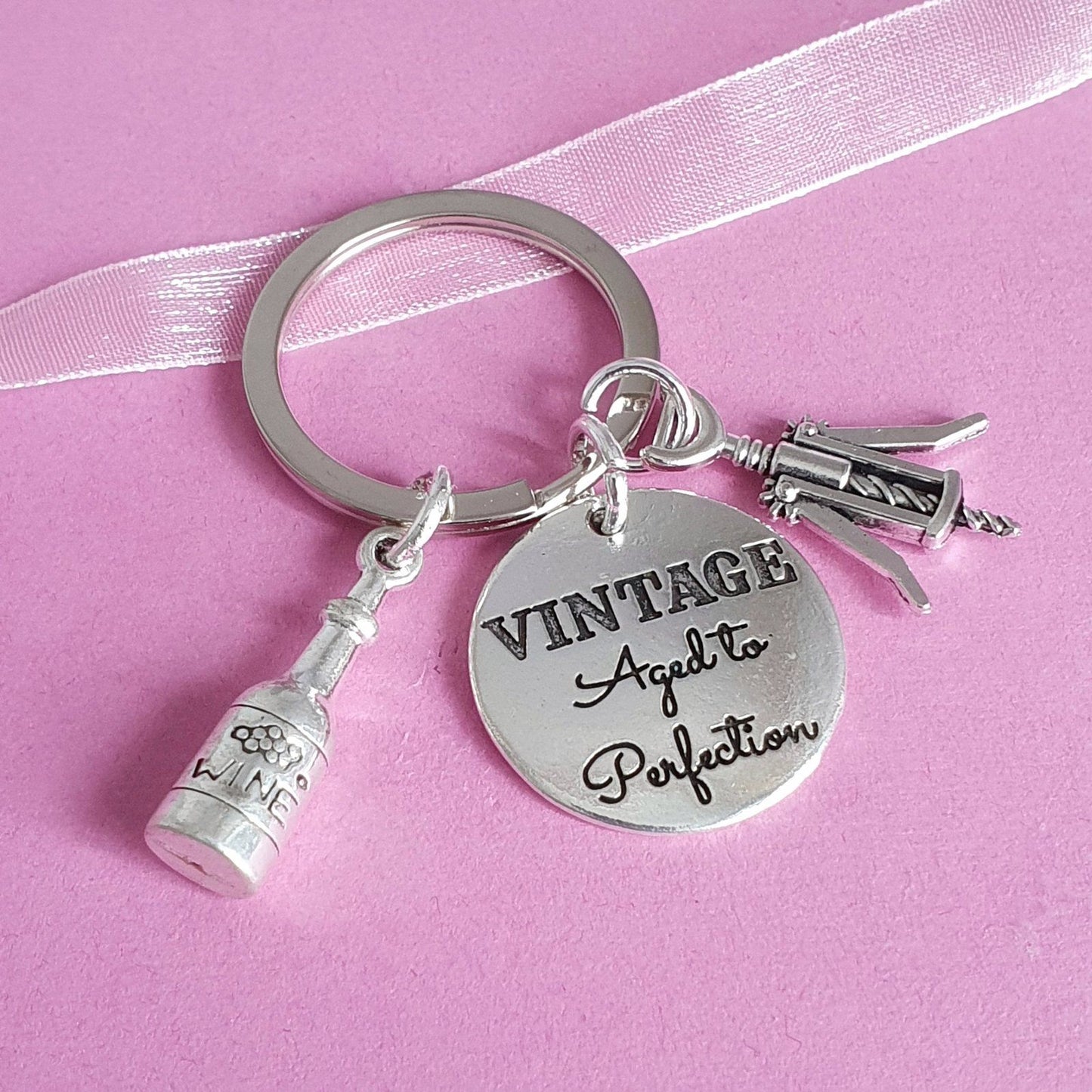 Vintage Wine Lover Keyring Silver