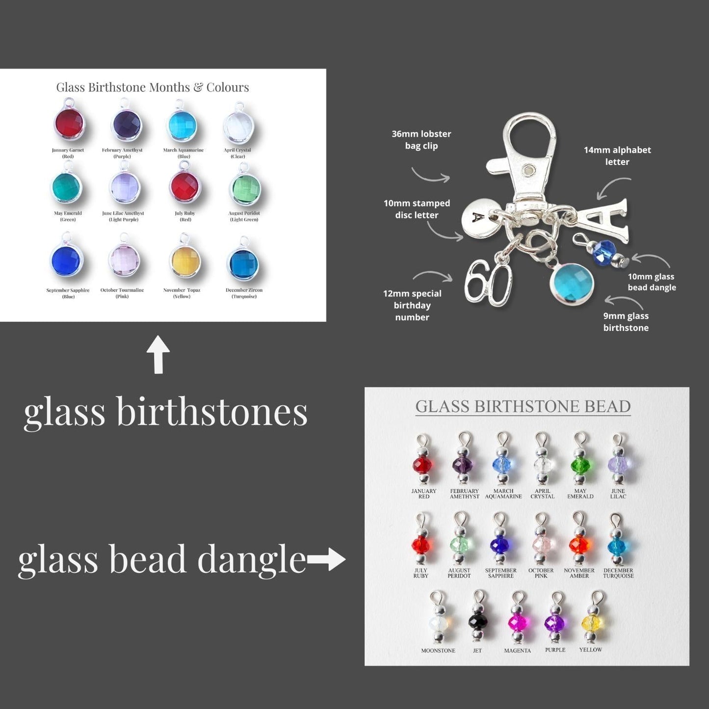 Collection of glass birthstones, a keychain with charms, and a display of glass bead dangles on a gray background.