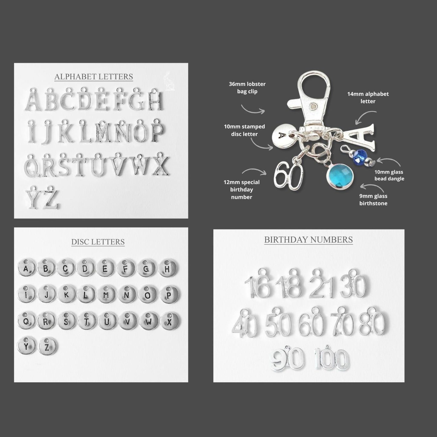 Collection of alphabet letters, disc letters, and birthday numbers on a gray background