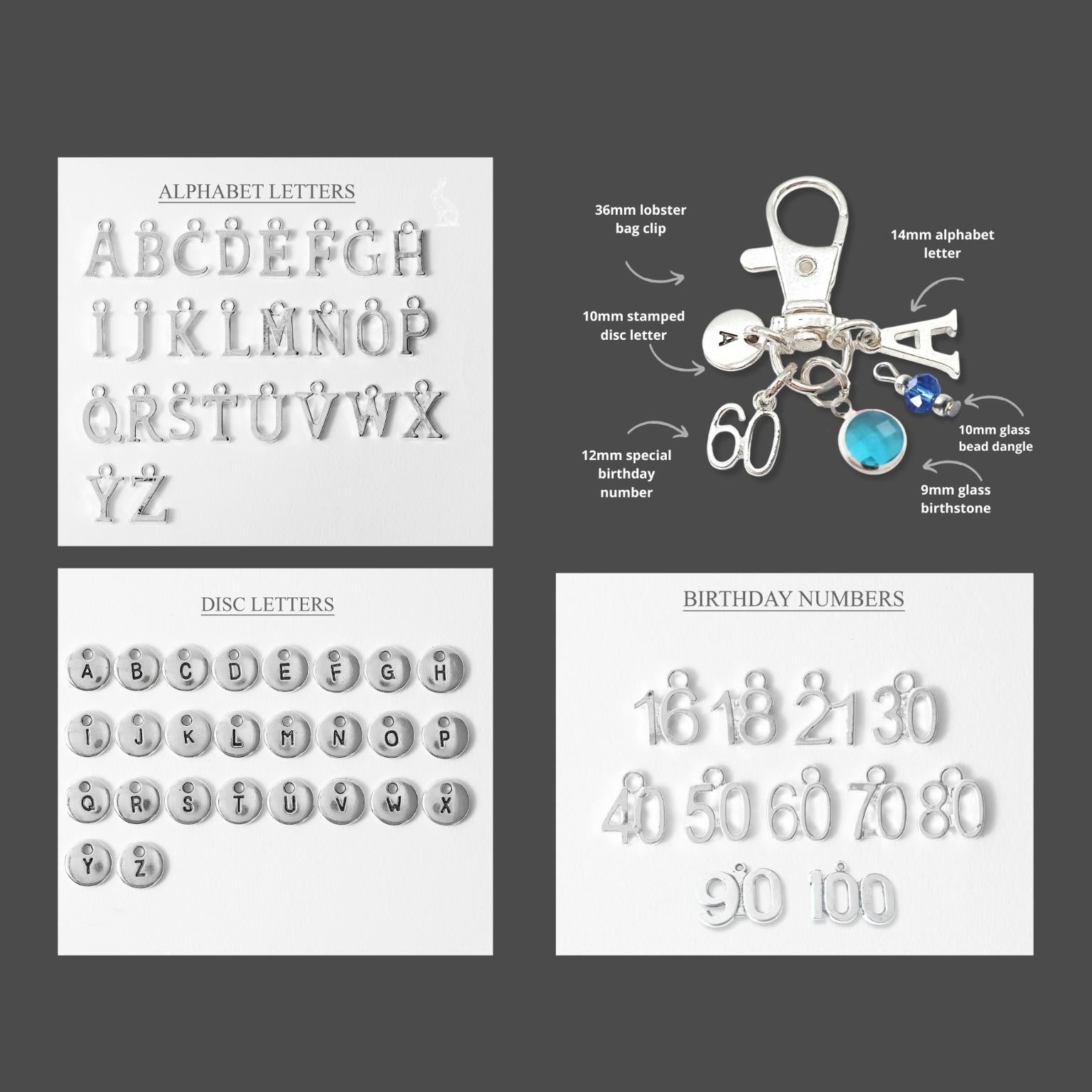 Collection of alphabet letters, numbers, and a keychain on a dark gray background