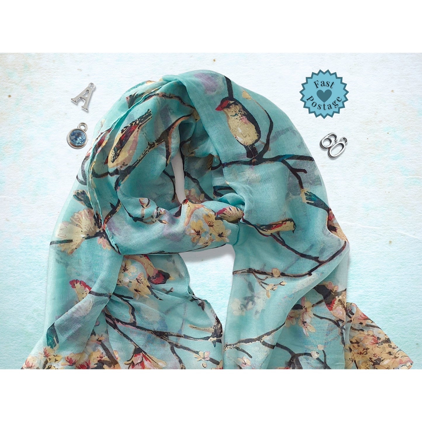 Bird & Blossom Scarf - Aqua Blue