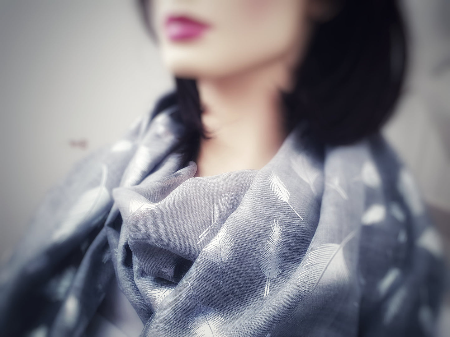 Tie Dye Printed Silver Feathers Scarf - Grey with silver print