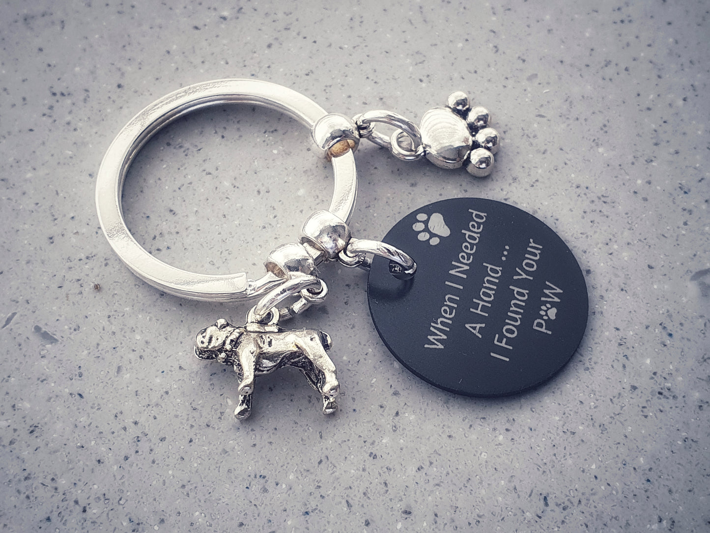 Engraved 'When I needed a Hand... I Found Your Paw' Bulldog Keyring - Silver