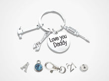 Load image into Gallery viewer, love you daddy keyring with hammer, wrench and screw driver charms attached and optional initial charms, birthstone charms, special birthday number charms and bag clasp
