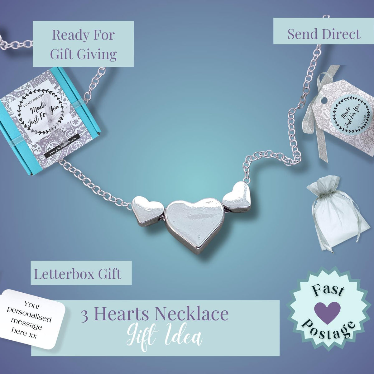 A promotional graphic for a 3-heart necklace gift set. The main product is a silver-toned 3-heart necklace with a central locket-style heart.