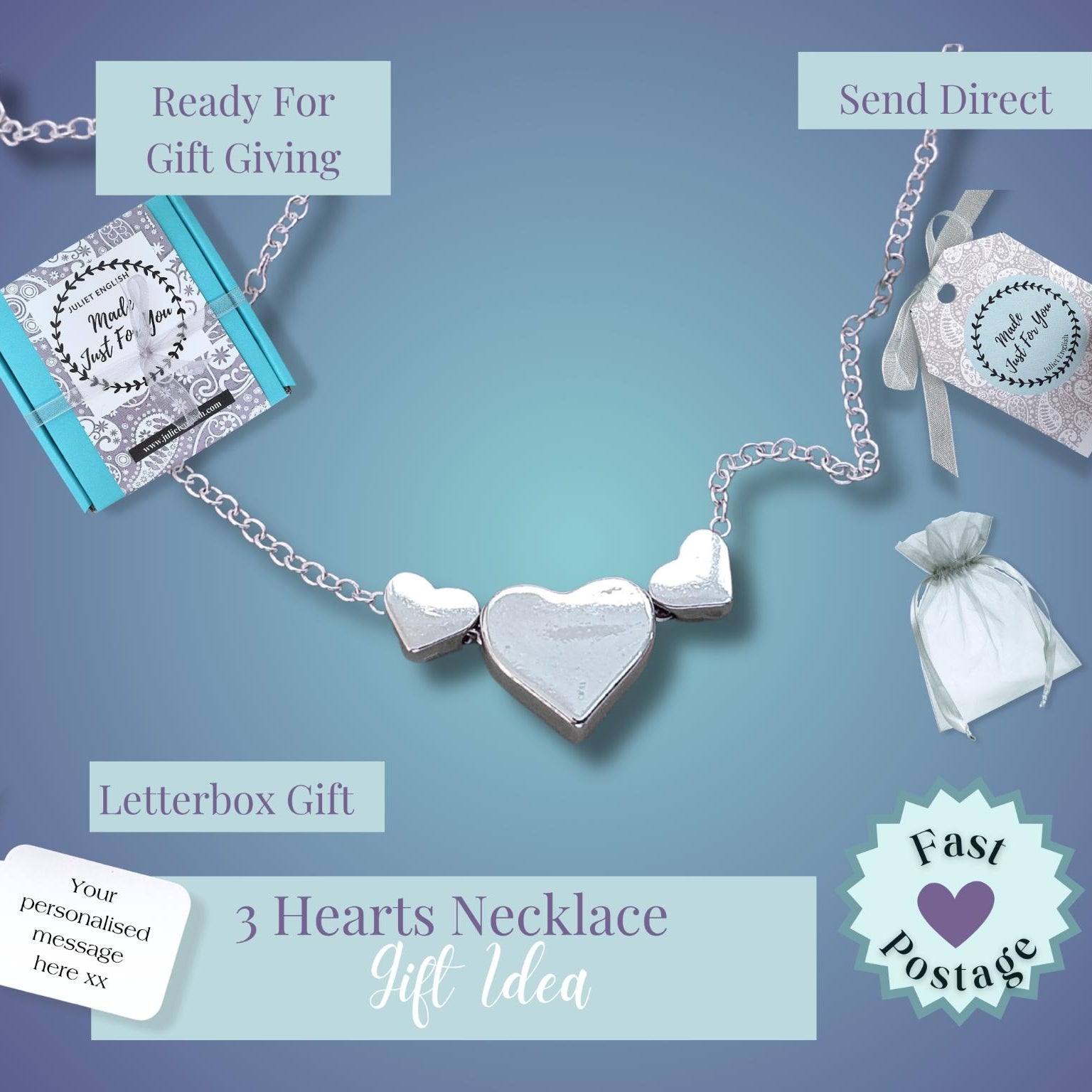 A promotional graphic for a 3-heart necklace gift set. The main product is a silver-toned 3-heart necklace with a central locket-style heart.