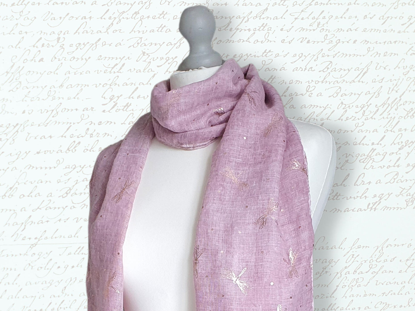 Lightweight Ladies Scarf with Rose Gold Dragonfly Design - Pink