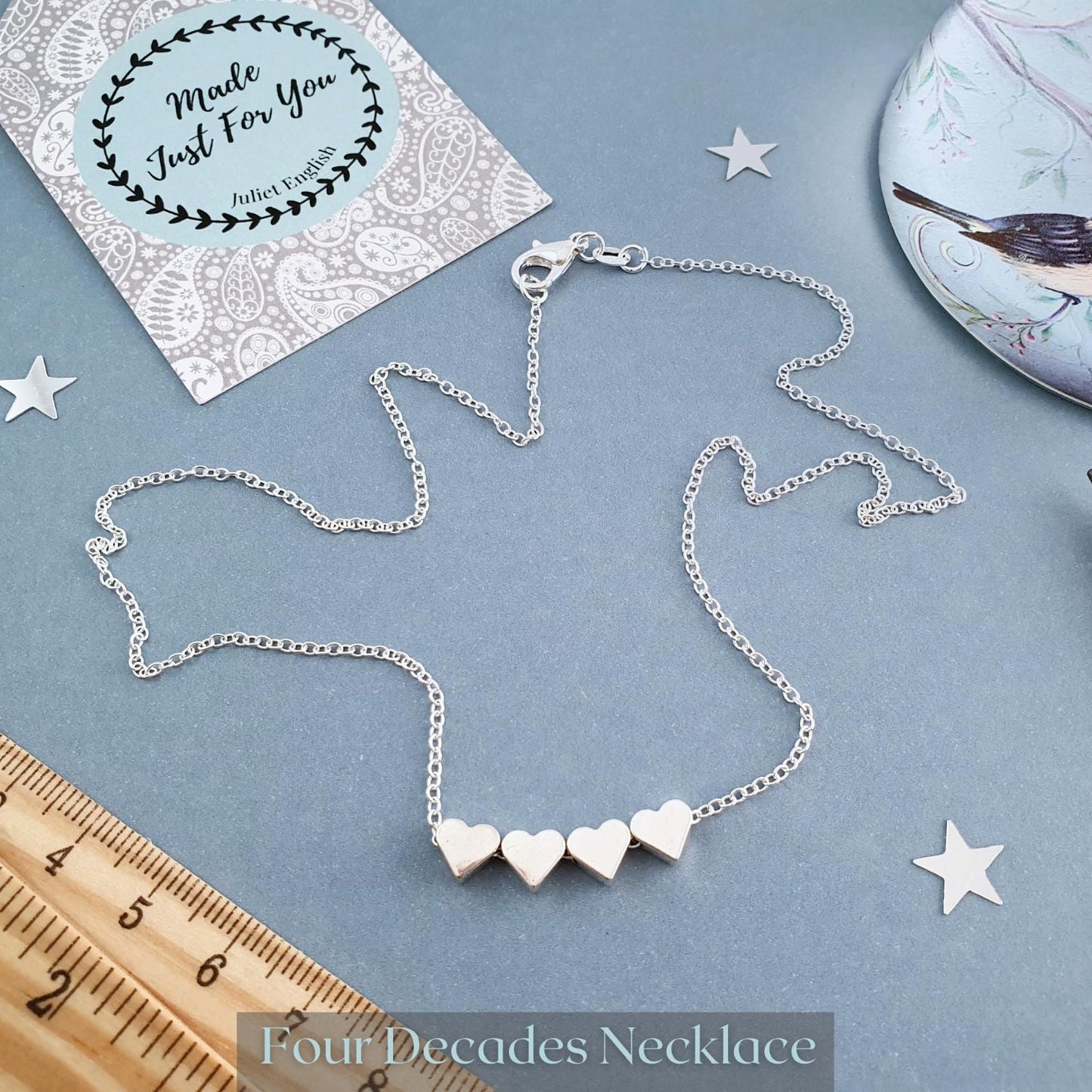 4 Decades Necklace: Handmade 40th Silver Hearts Necklace for Fortieth Birthday