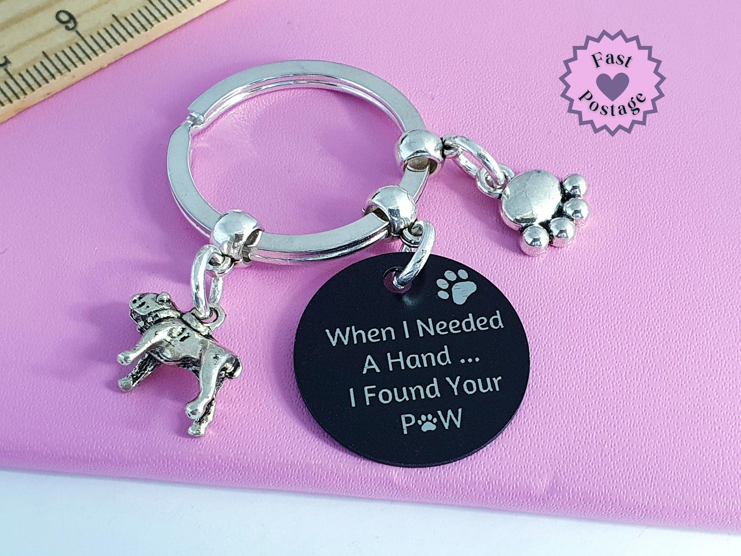 Engraved 'When I needed a Hand... I Found Your Paw' Bulldog Keyring - Silver