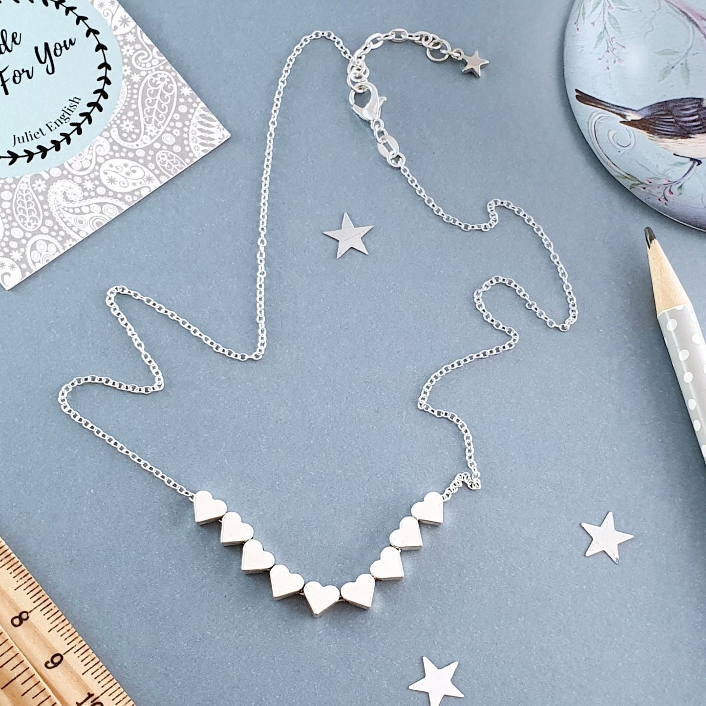 9 Decades Necklace: Handmade 90th Silver Hearts Necklace for Ninetieth Birthday