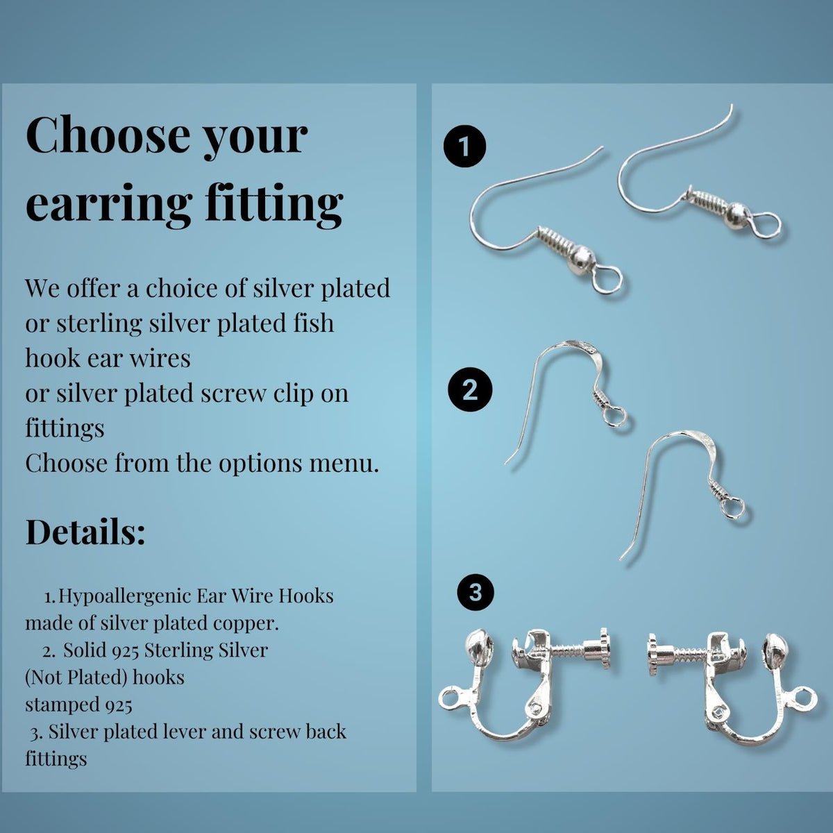 An informational product graphic showing three different earring hook options labeled 1, 2, and 3 on the right, alongside text on the left that says 'Choose your earring fitting' and lists material details. The hooks are metallic silver on a blue gradient background.