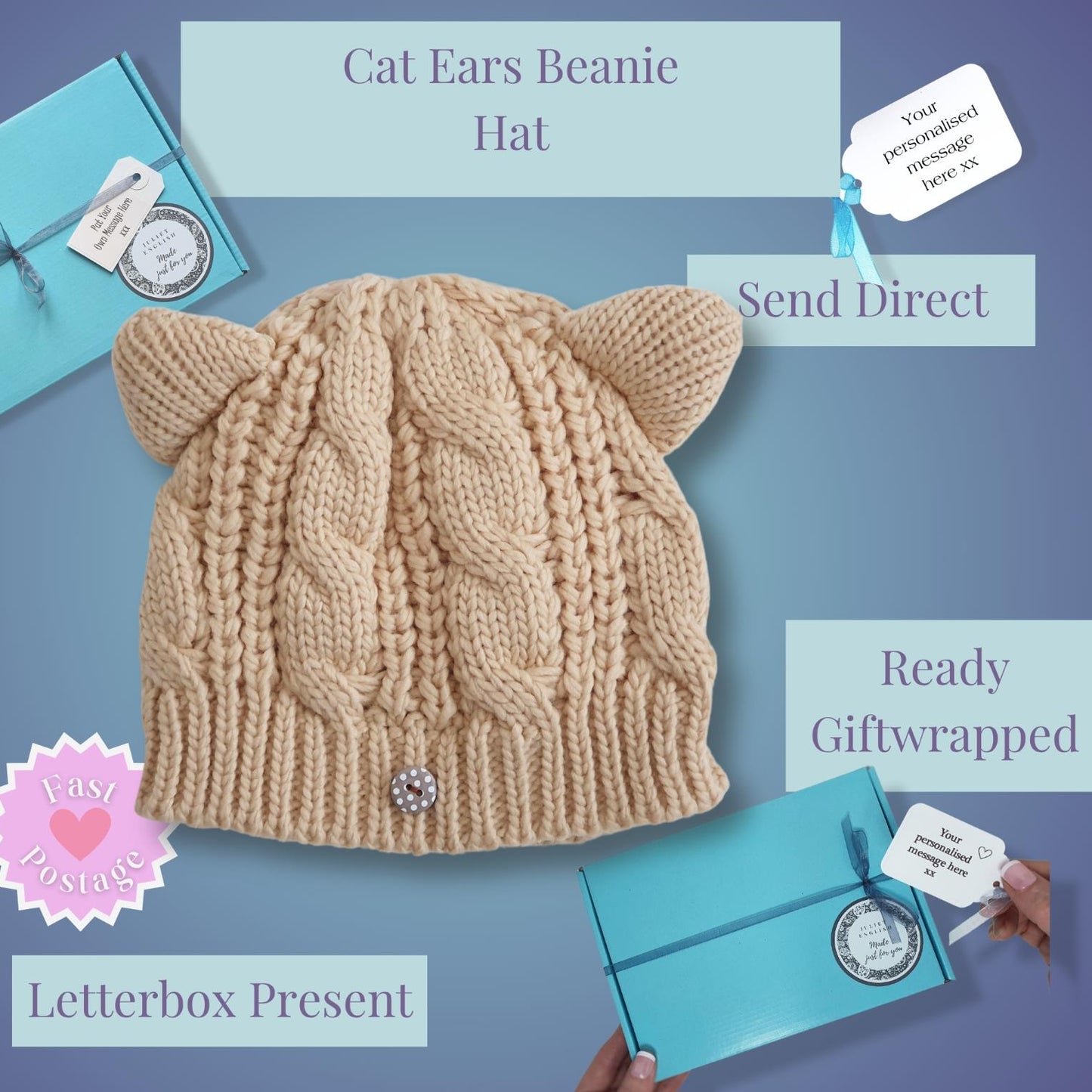 A beige cable-knit beanie hat with cat ears on top, shown on a blue-purple background with gift-wrap boxes and text labels including 'Cat Ears Beanie Hat,' 'Send Direct,' 'Ready Giftwrapped,' and 'Letterbox Present.'.