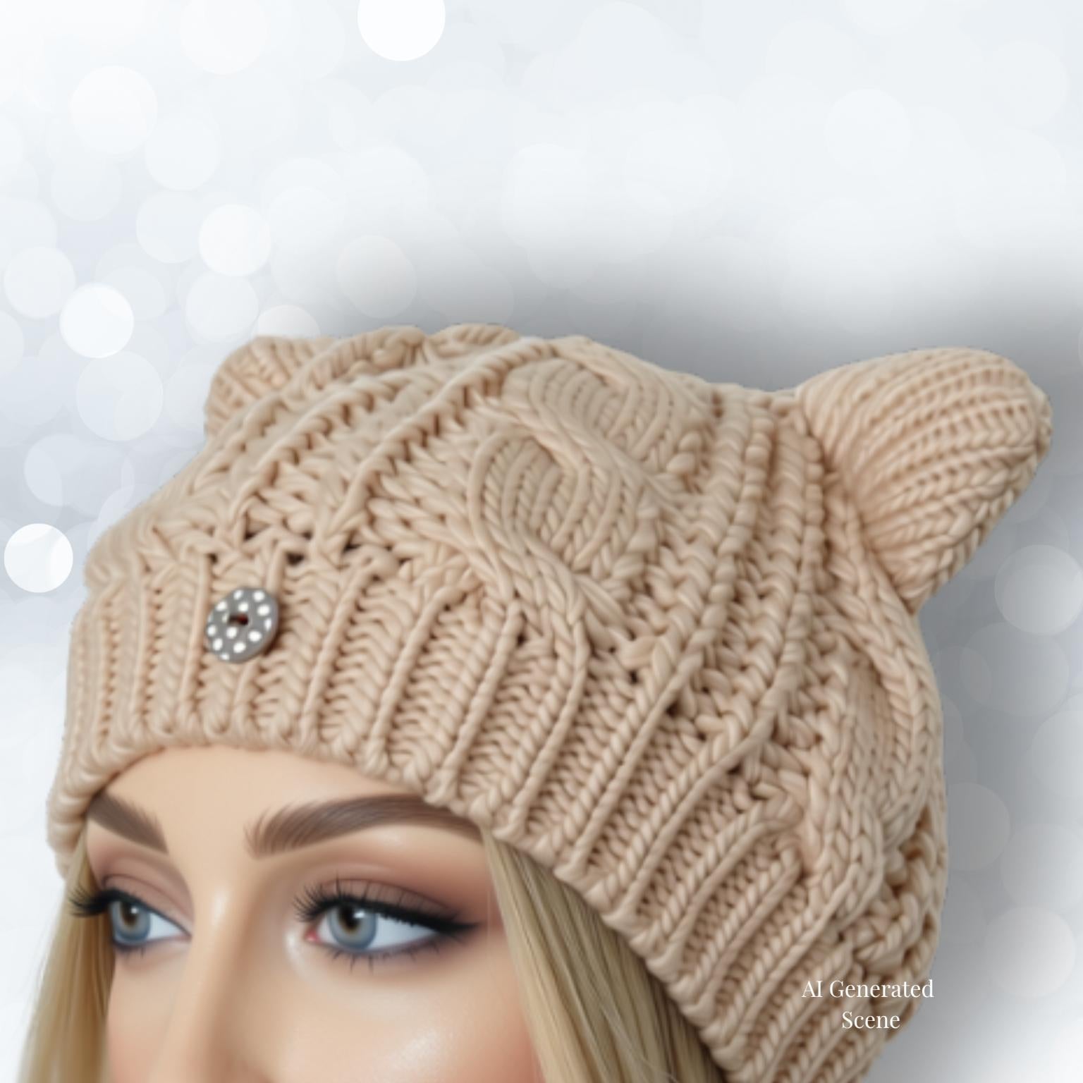 A close-up of a beige cable-knit beanie hat with small cat ears on top, worn by a mannequin or model whose face is partially visible. The hat has a decorative button embellishment on the side and is photographed against a soft white background with bokeh light effects.