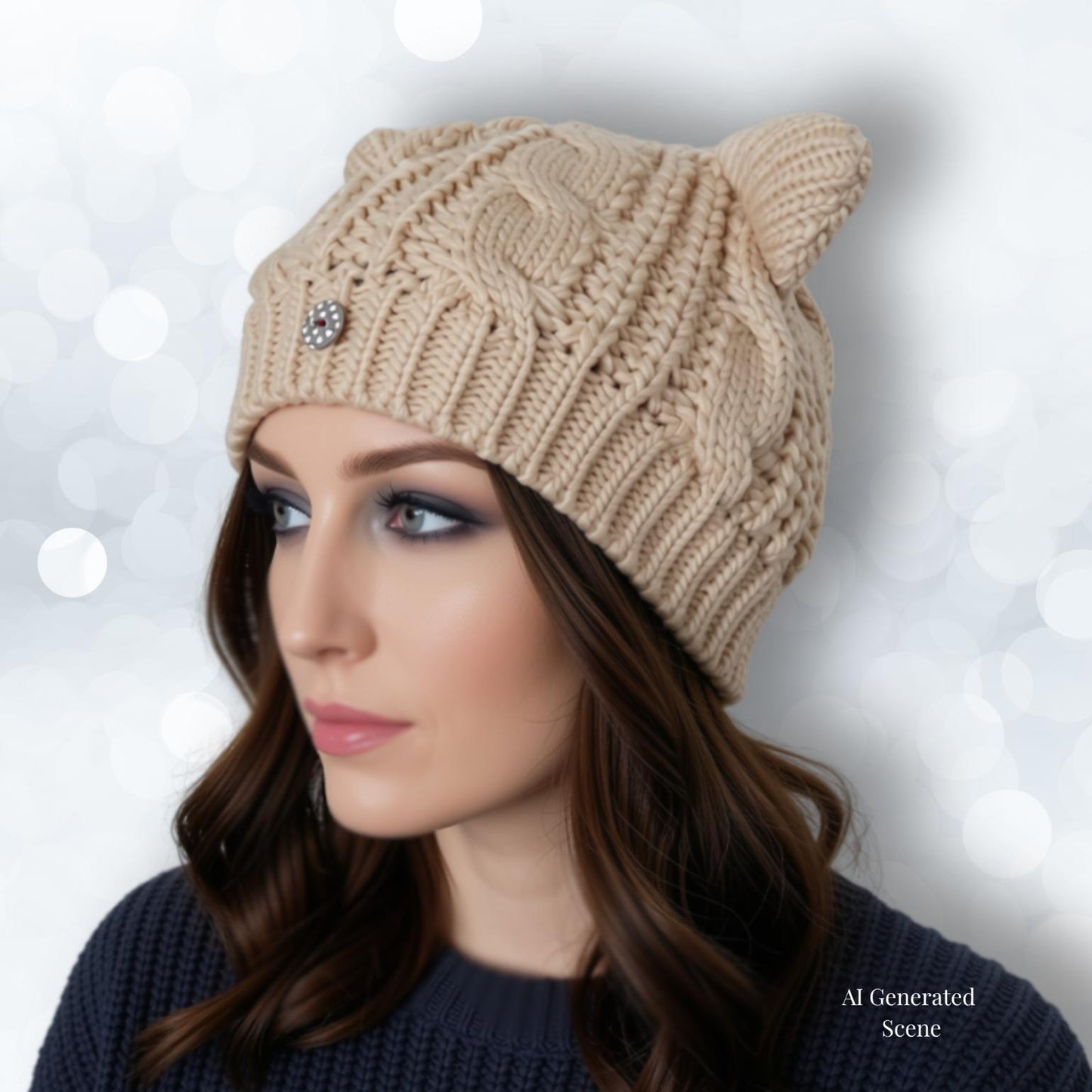 A woman wearing a beige cable-knit beanie hat with cat ears and a small dotty button accent, shown against a soft white bokeh background.