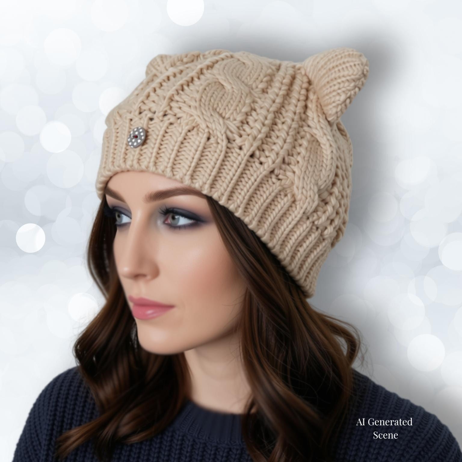 A woman wearing a beige cable-knit beanie hat with cat ears and a small dotty button accent, shown against a soft white bokeh background.