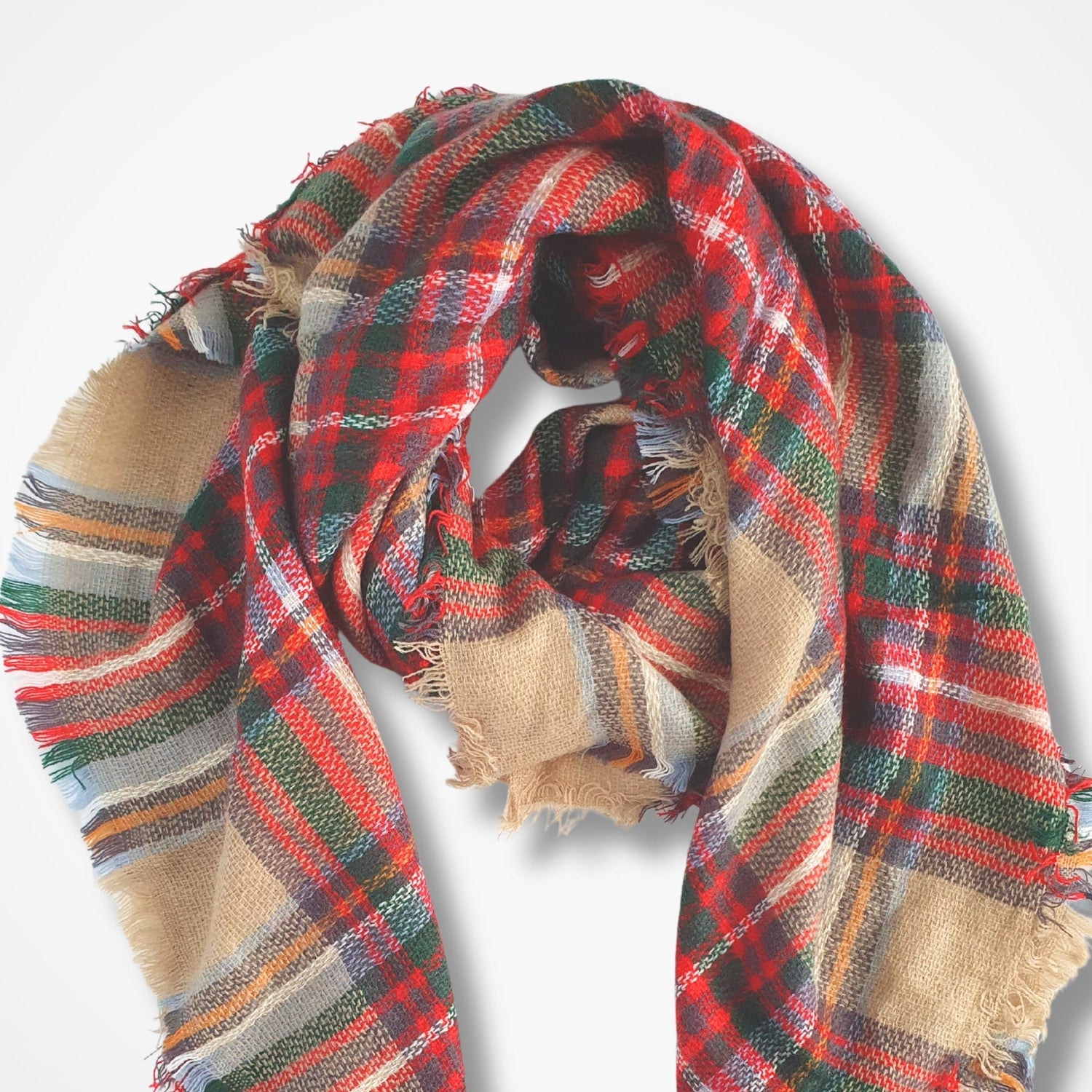 Plaid scarf with red, green, and beige colors on a white background