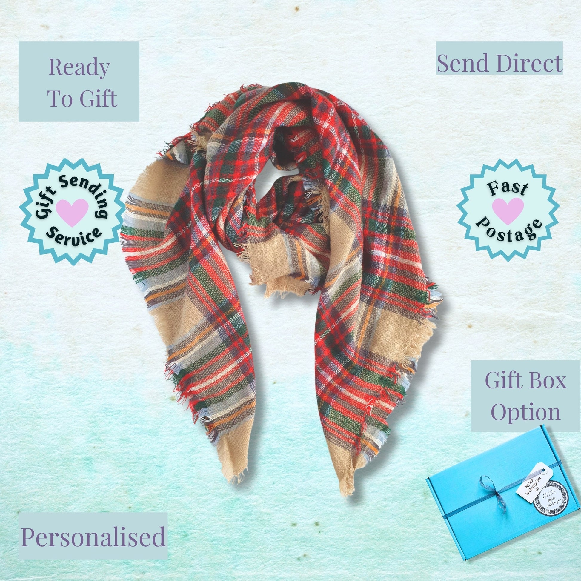 Plaid scarf with gift box and postage options on a light blue background