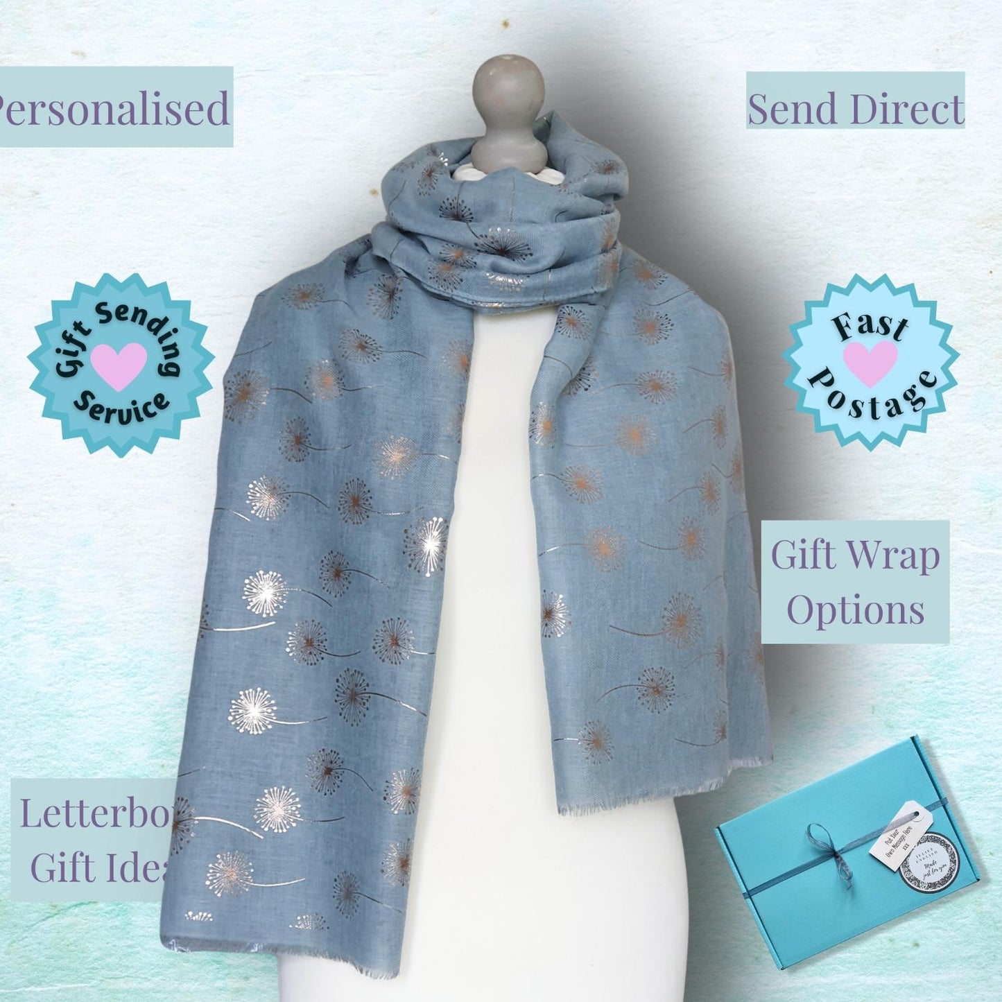 Foiled Dandelion Scarf - Duck Egg and Rose Gold Foil