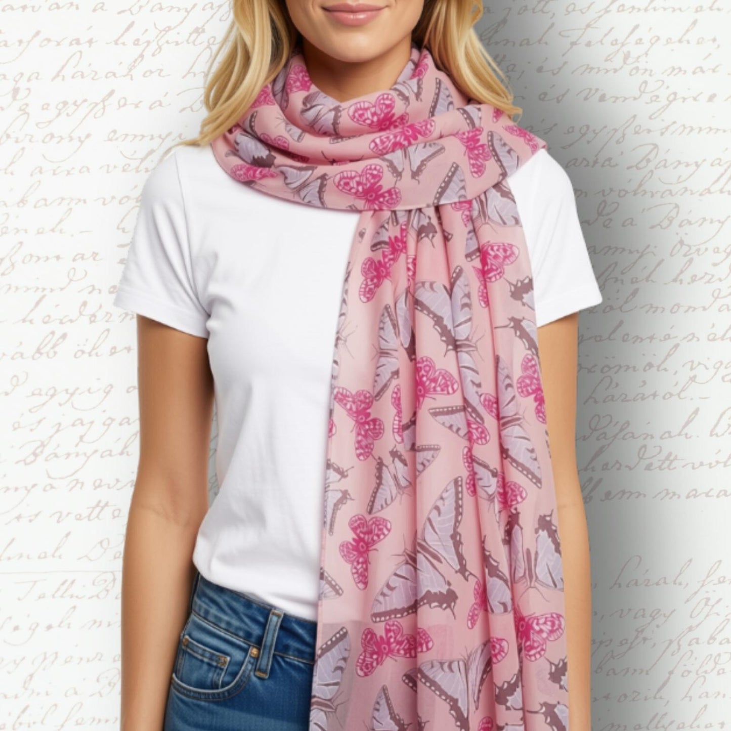 A woman wearing a light pink scarf with a butterfly pattern, styled over a white t-shirt and blue jeans, set against a textured white background with faint cursive writing.
