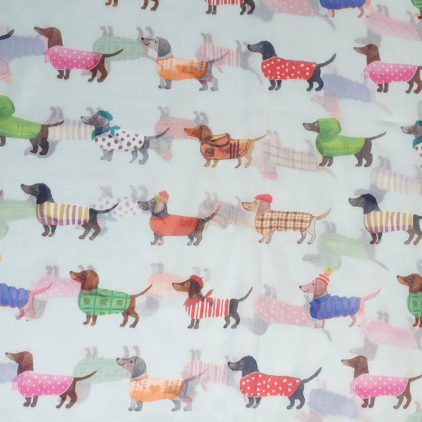 Pattern of colorful dogs in sweaters on a light blue background