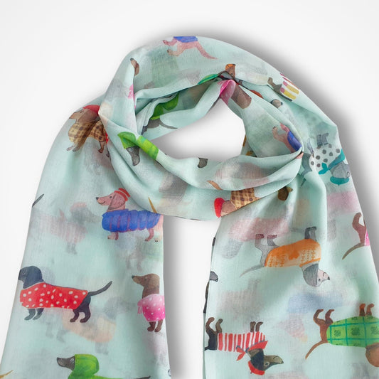 Cute Dachshund Fashion Parade Scarf - Aqua Blue