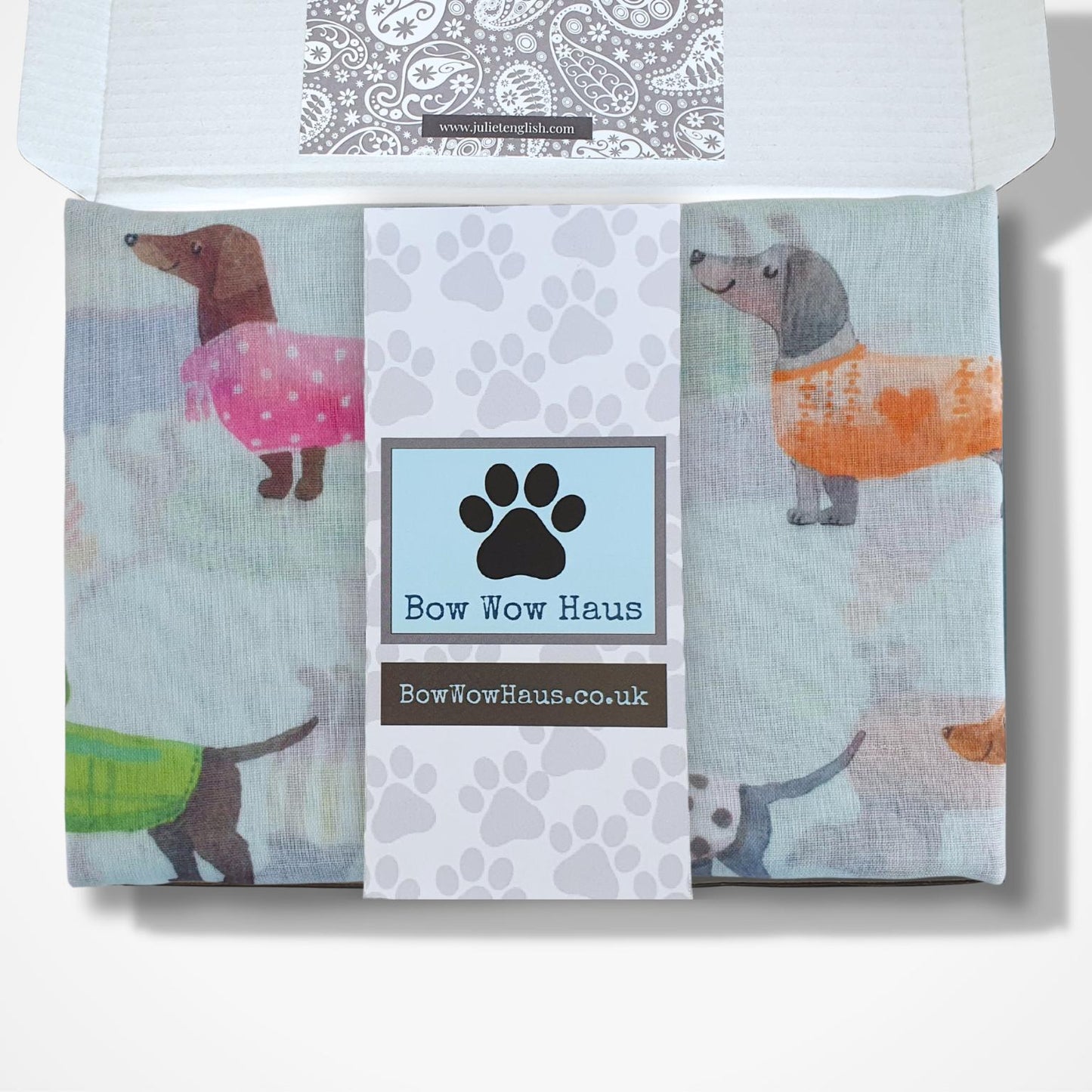 Dachshund print scarf in a box with 'Bow Wow Haus' branding on a white background
