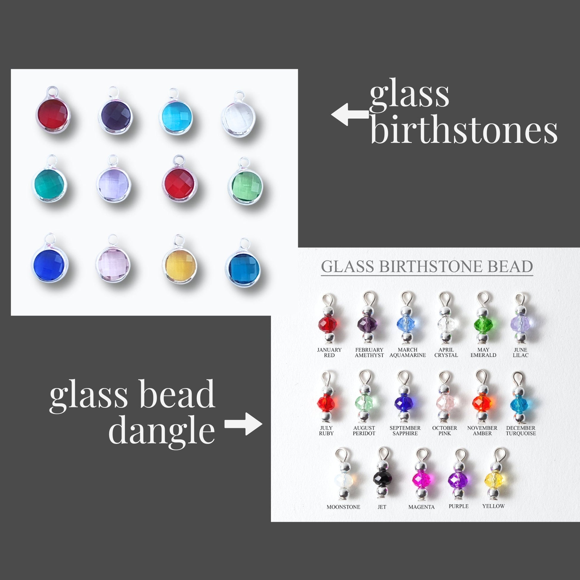 A product display showing glass birthstones and glass bead dangles on a dark gray background. On the left, a white card displays multiple round glass bead pendants in different colors arranged in a grid, labeled 'glass birthstones'.