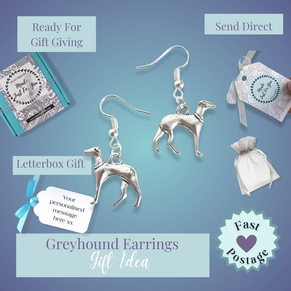 Silver greyhound-shaped dangling earrings shown on a blue gradient background with gift packaging and promotional text. A hand is holding one of the silver tags, and the image includes labels such as 'Ready For Gift Giving,' 'Send Direct,' 'Letterbox Gift,' and 'Greyhound Earrings Gift Idea.