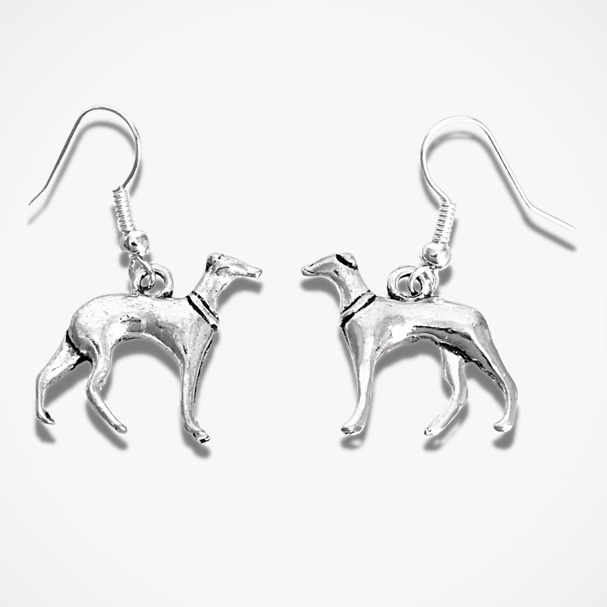 A pair of drop earrings shaped like greyhounds, shown against a plain white background.
